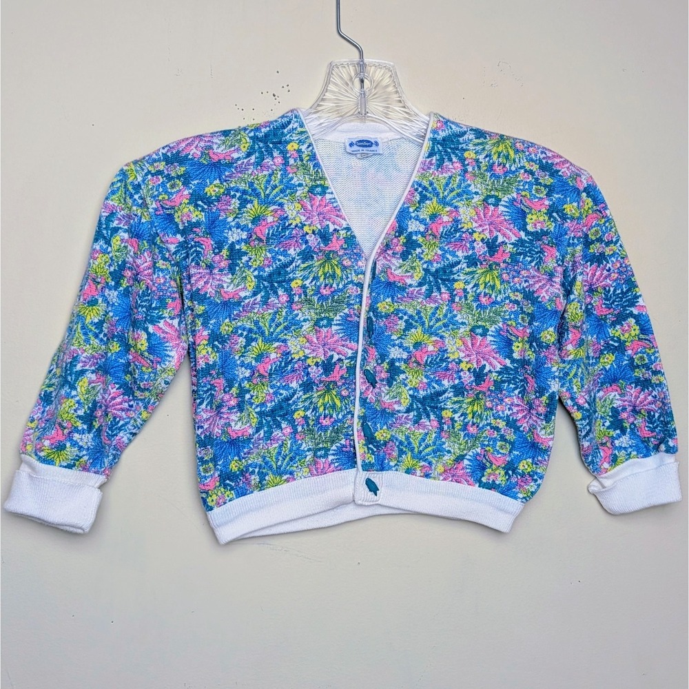 Vintage BonBon France Floral Bird Spring 80s Cardigan Sweater Baby Size 6 Months